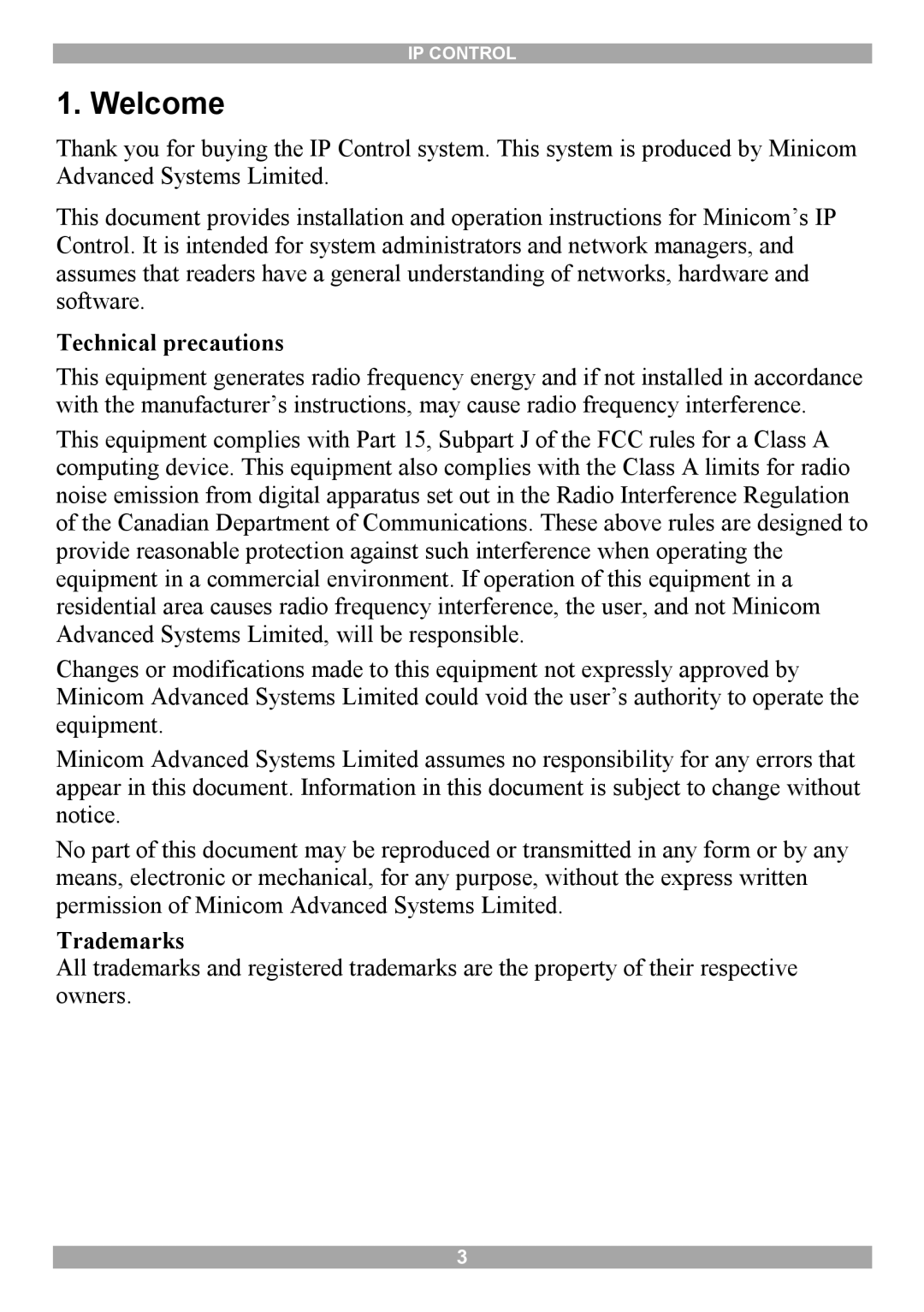 Minicom Advanced Systems IP Control manual Welcome, Technical precautions, Trademarks 