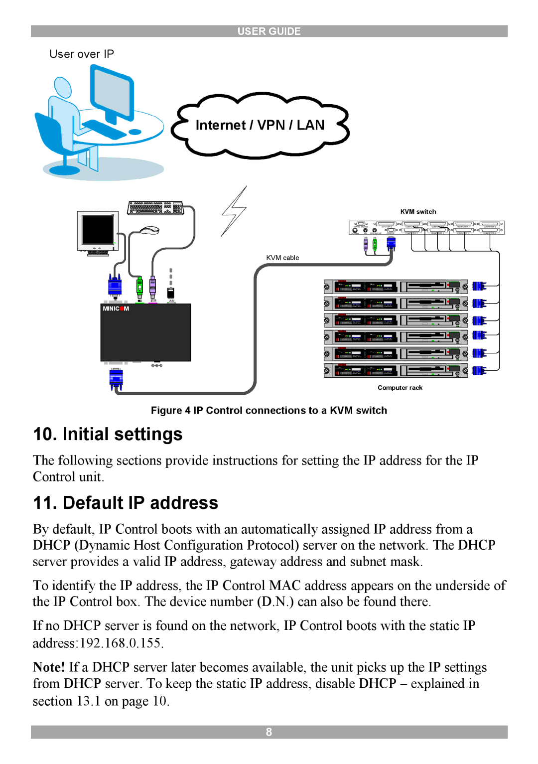 Minicom Advanced Systems IP Control manual Initial settings, Default IP address 