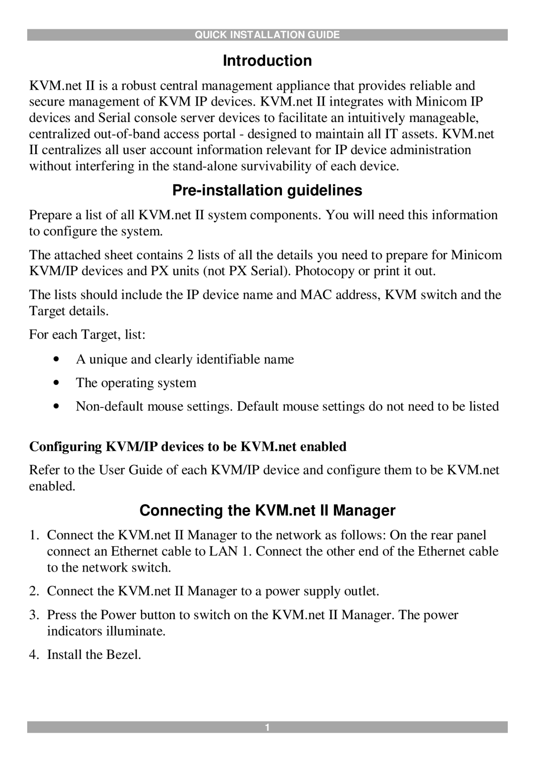 Minicom Advanced Systems manual Introduction, Pre-installation guidelines, Connecting the KVM.net II Manager 