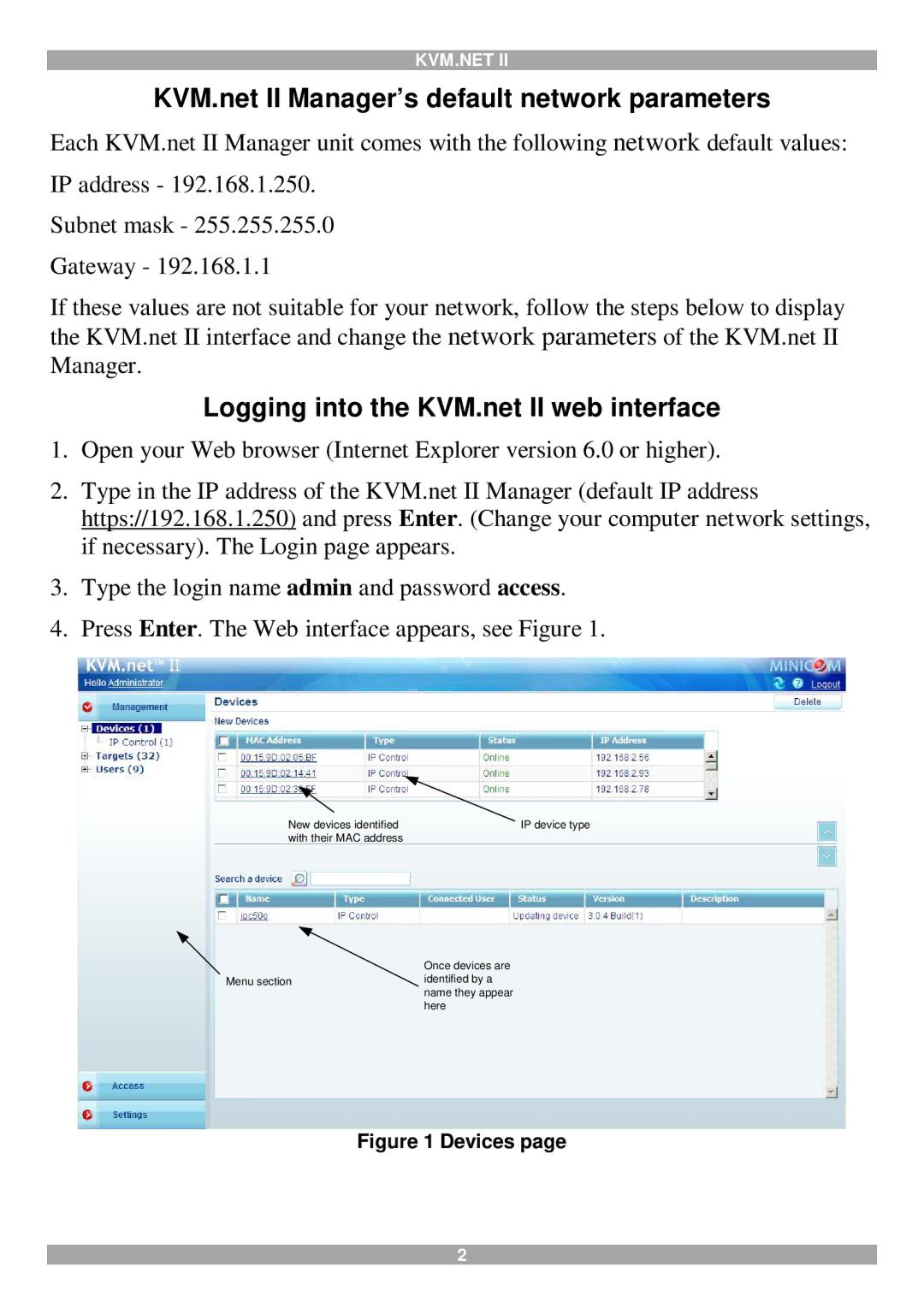 Minicom Advanced Systems KVM.net II Manager’s default network parameters, Logging into the KVM.net II web interface 