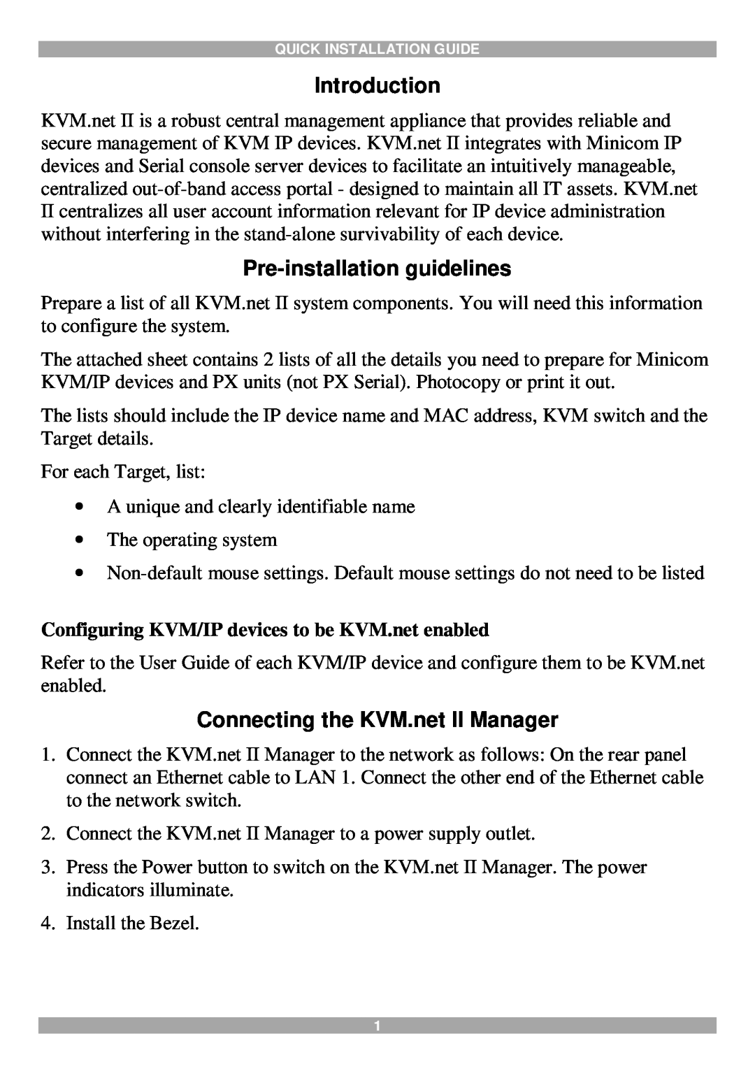 Minicom Advanced Systems manual Introduction, Pre-installation guidelines, Connecting the KVM.net II Manager 