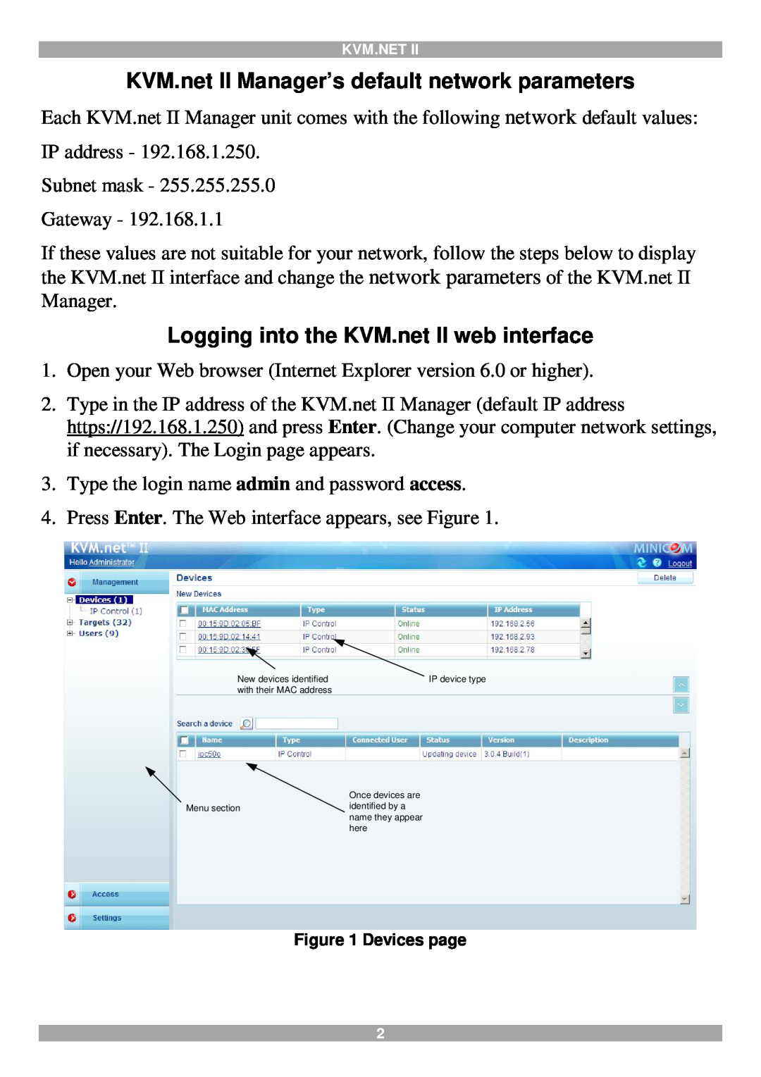 Minicom Advanced Systems KVM.net II Manager’s default network parameters, Logging into the KVM.net II web interface 