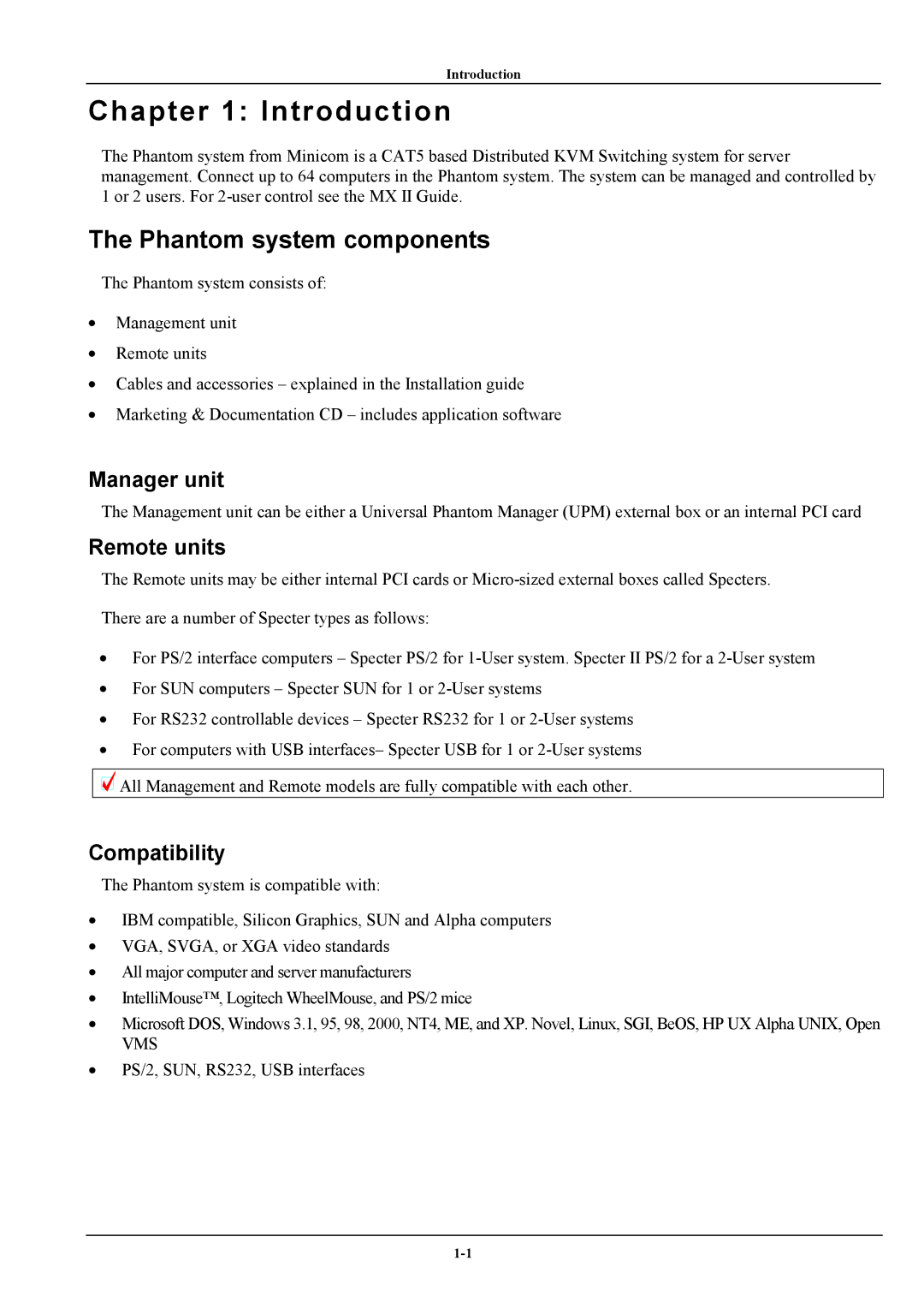 Minicom Advanced Systems manual Introduction, Phantom system components, Manager unit, Remote units, Compatibility 