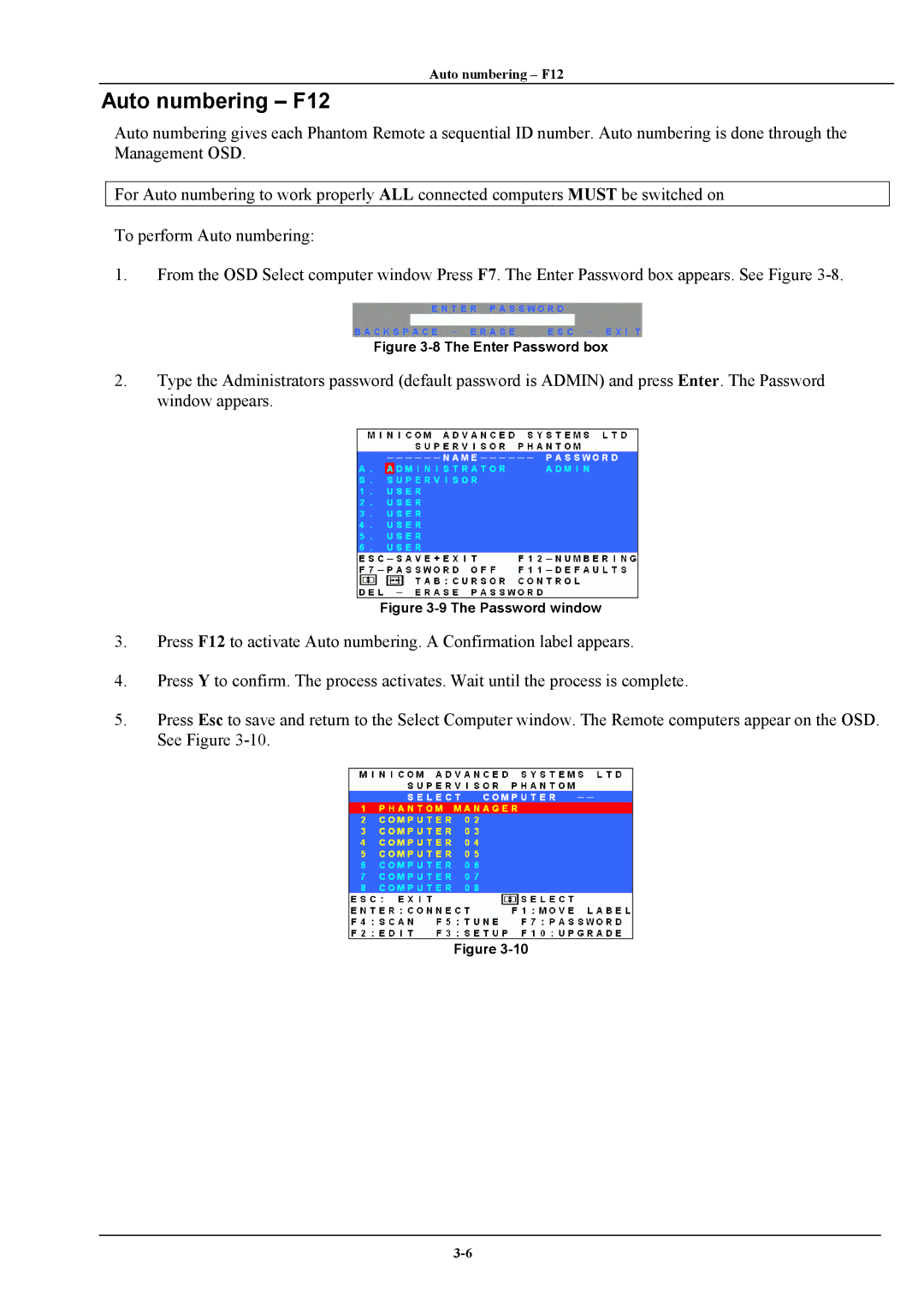 Minicom Advanced Systems Phantom manual Auto numbering F12, Password window 