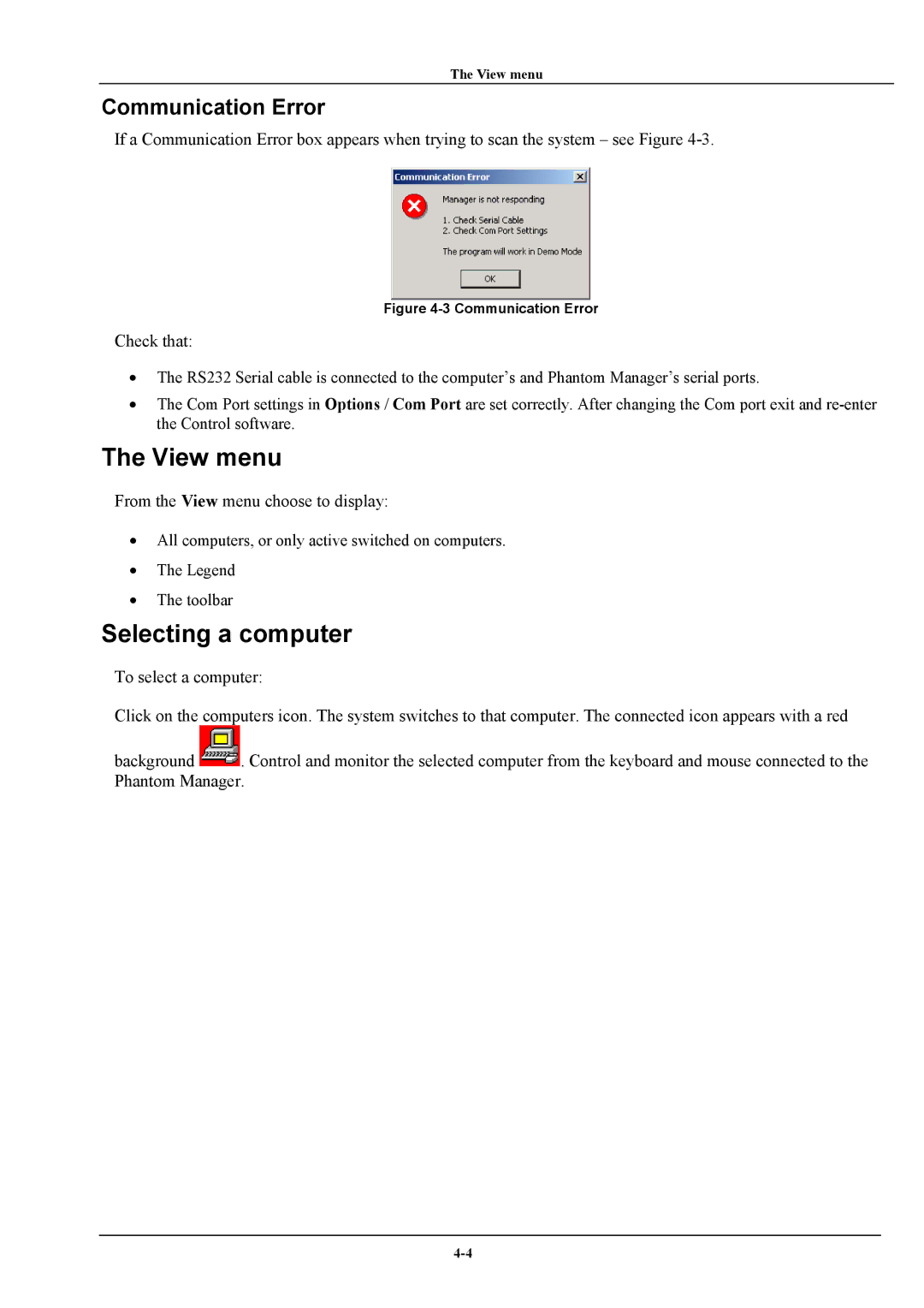 Minicom Advanced Systems Phantom manual View menu, Selecting a computer, Communication Error 