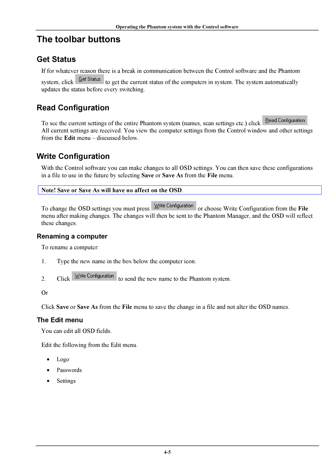 Minicom Advanced Systems Phantom manual Toolbar buttons, Get Status, Read Configuration, Write Configuration 