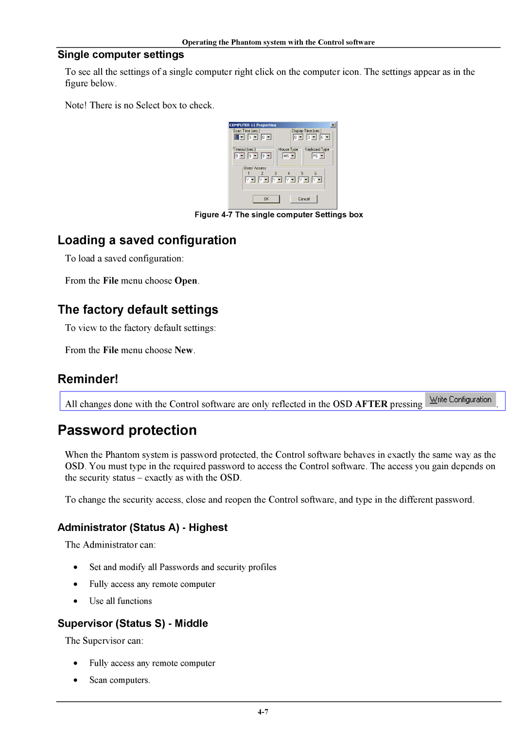 Minicom Advanced Systems Phantom Password protection, Loading a saved configuration, Factory default settings, Reminder 