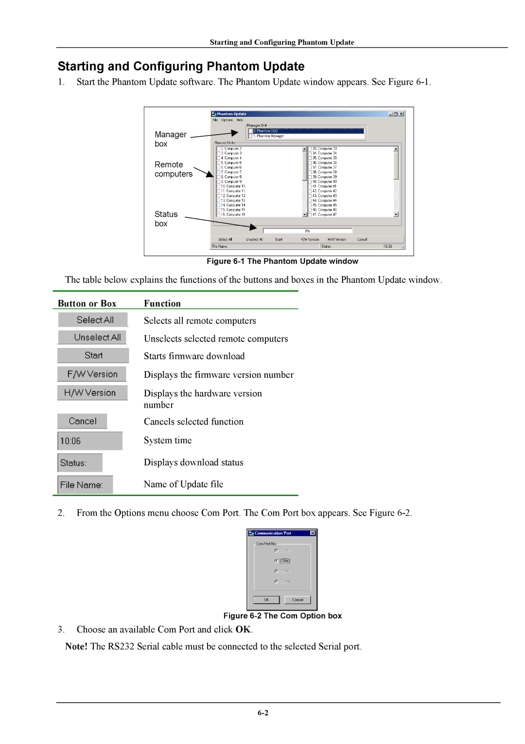 Minicom Advanced Systems manual Starting and Configuring Phantom Update, Button or Box Function 