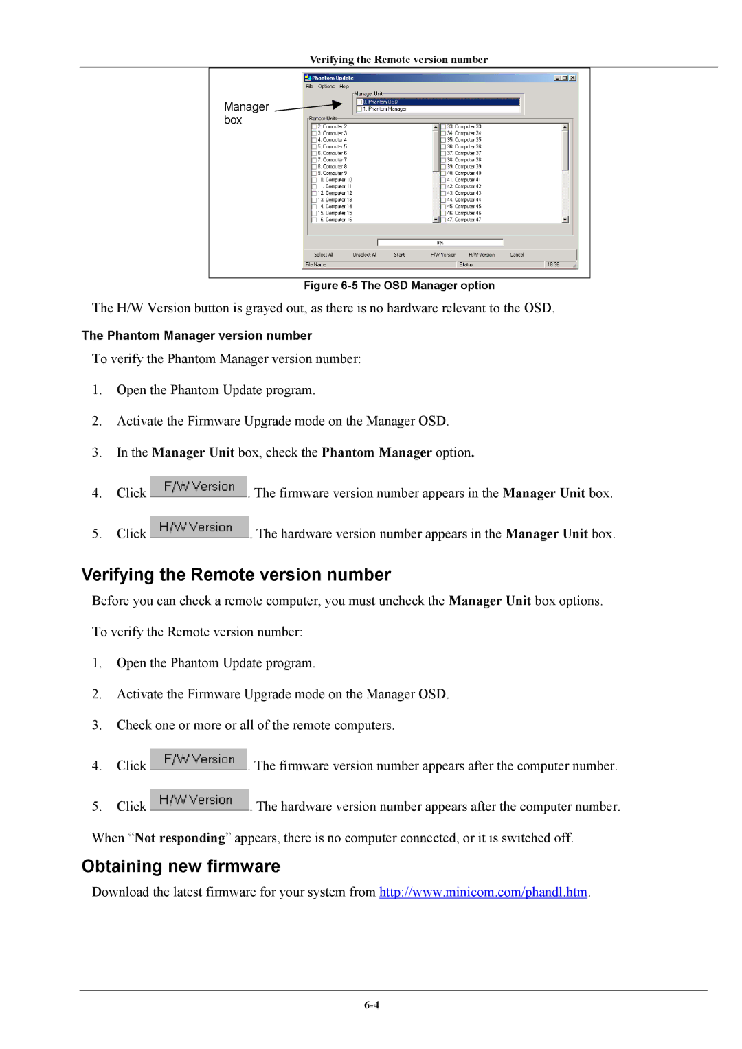 Minicom Advanced Systems Phantom manual Verifying the Remote version number, Obtaining new firmware 