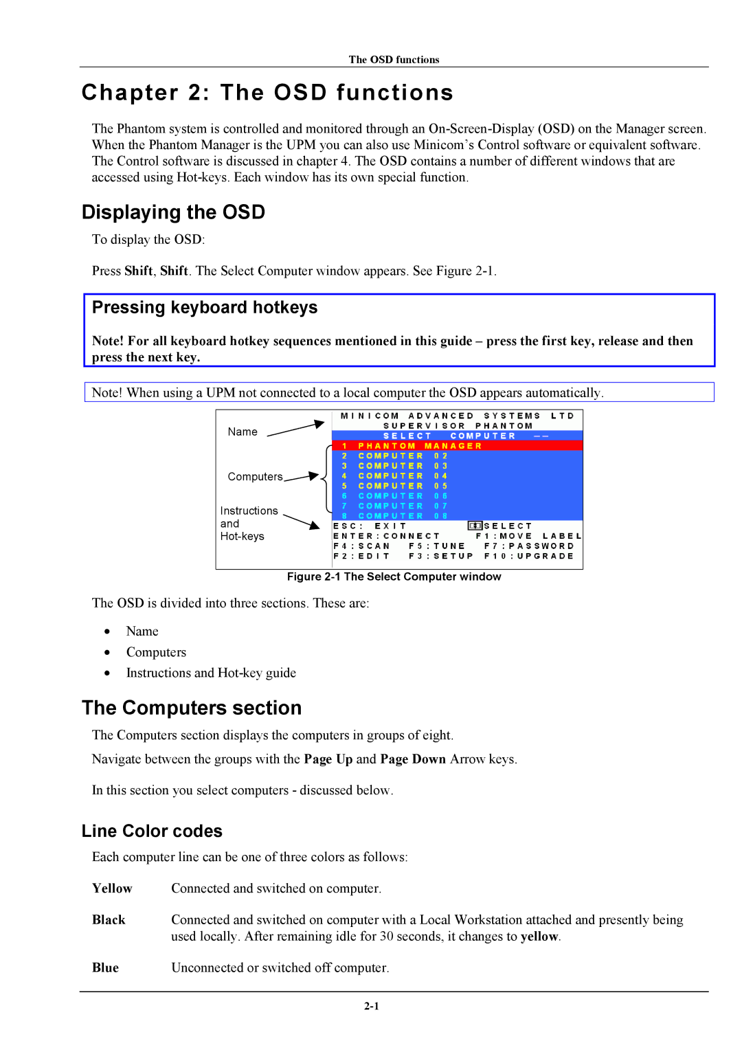 Minicom Advanced Systems Phantom manual OSD functions, Displaying the OSD, Computers section, Pressing keyboard hotkeys 