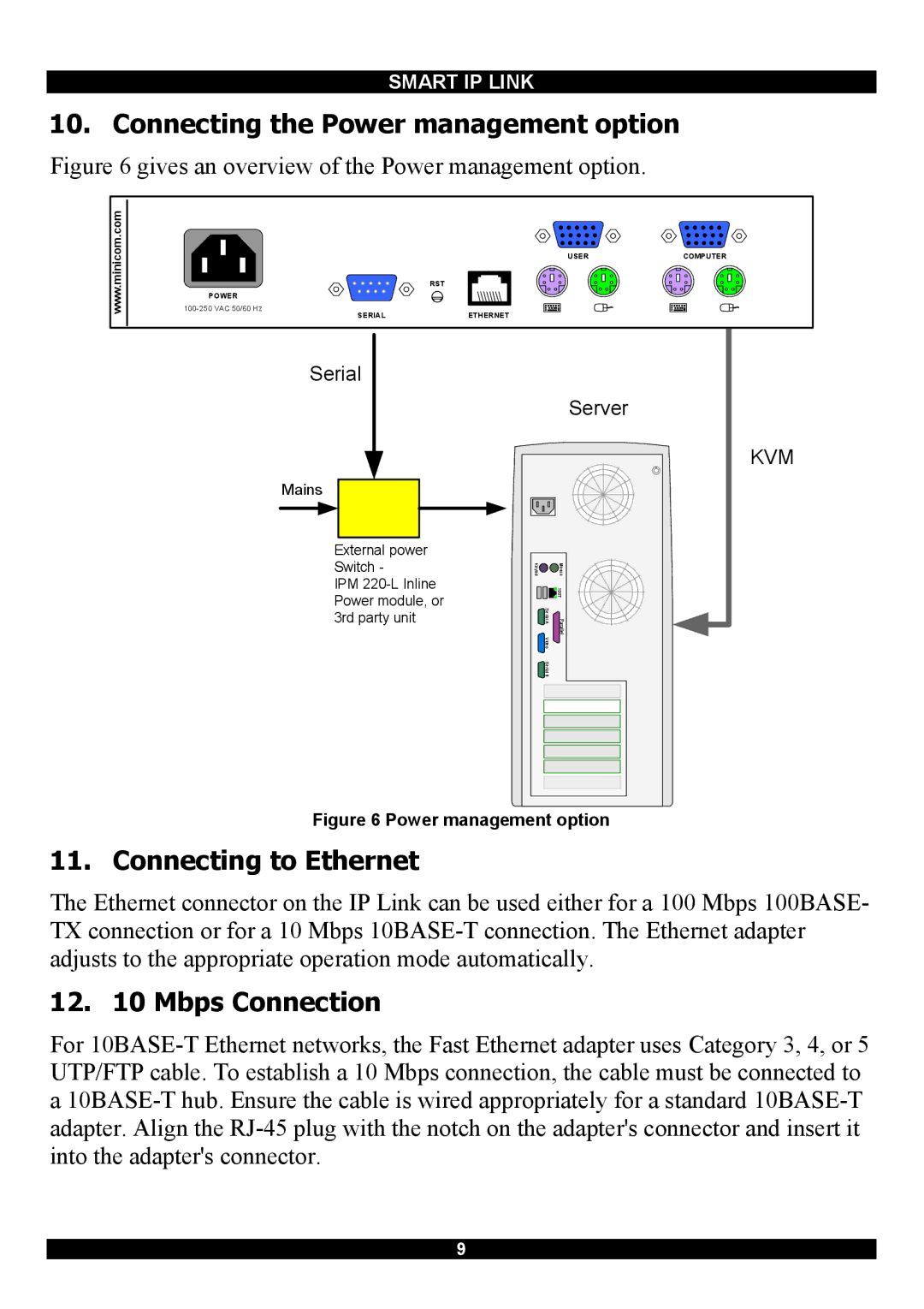 Minicom Advanced Systems RJ-45 manual Connecting the Power management option, Connecting to Ethernet, Mbps Connection 