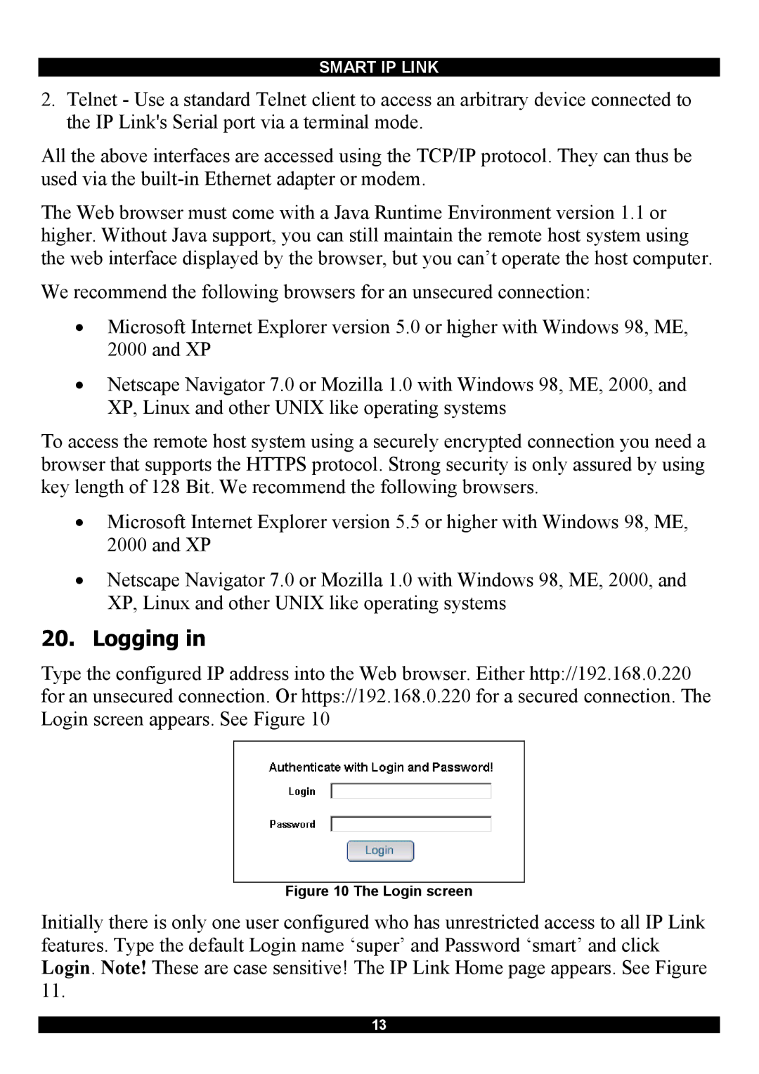 Minicom Advanced Systems RJ-45 manual Logging, Login screen 