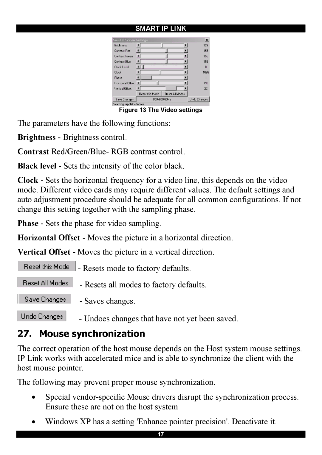 Minicom Advanced Systems RJ-45 manual Mouse synchronization, Video settings 