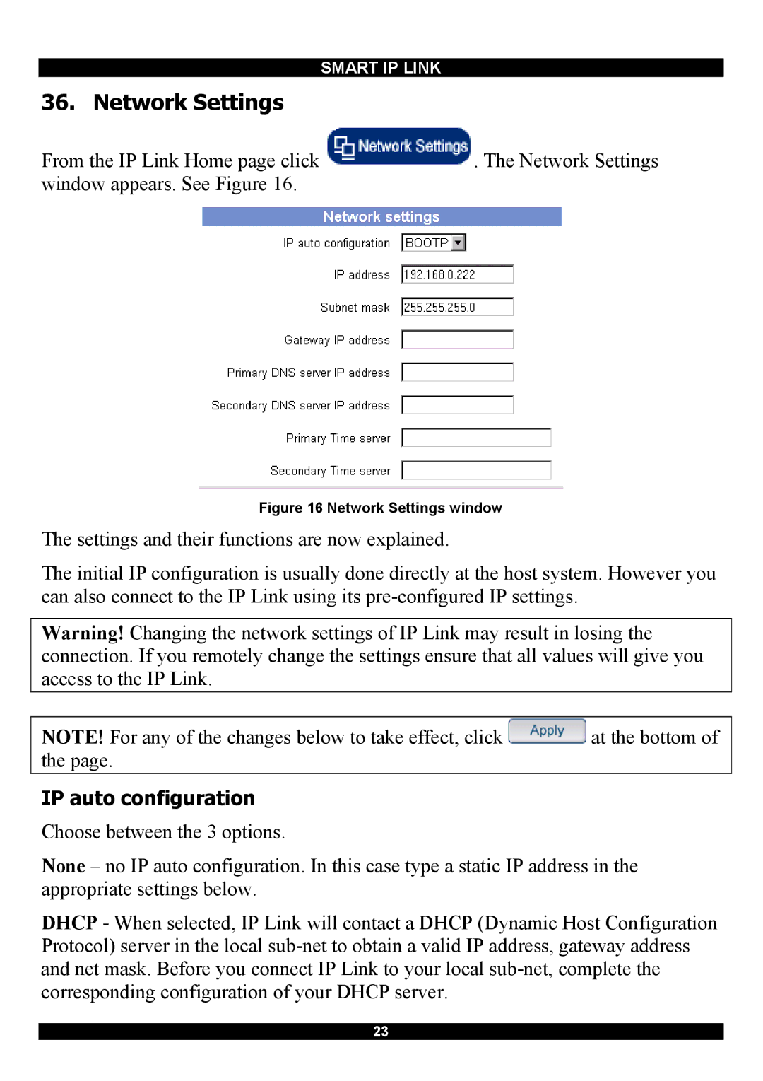 Minicom Advanced Systems RJ-45 manual Network Settings, IP auto configuration 