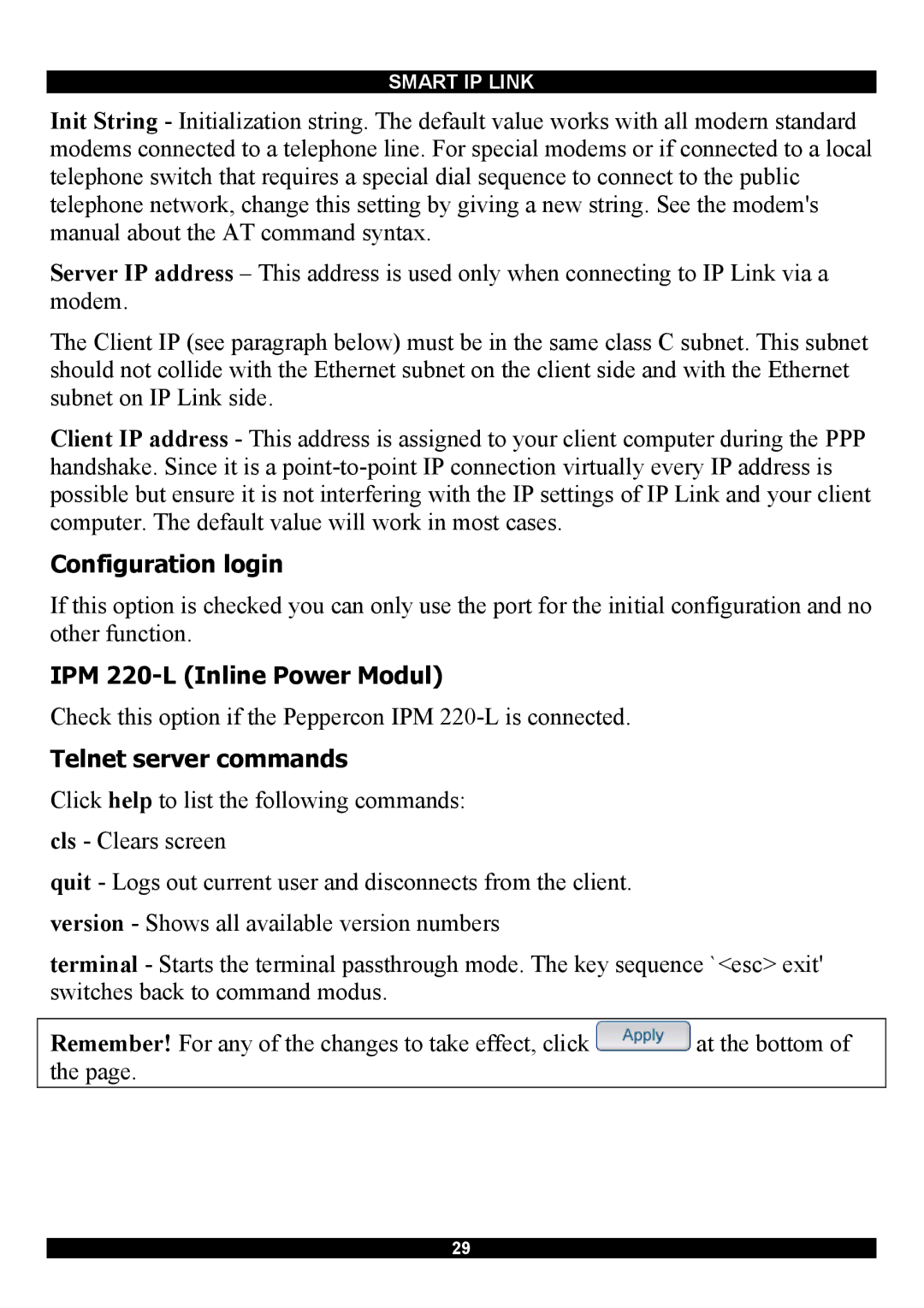 Minicom Advanced Systems RJ-45 manual Configuration login, IPM 220-L Inline Power Modul, Telnet server commands 