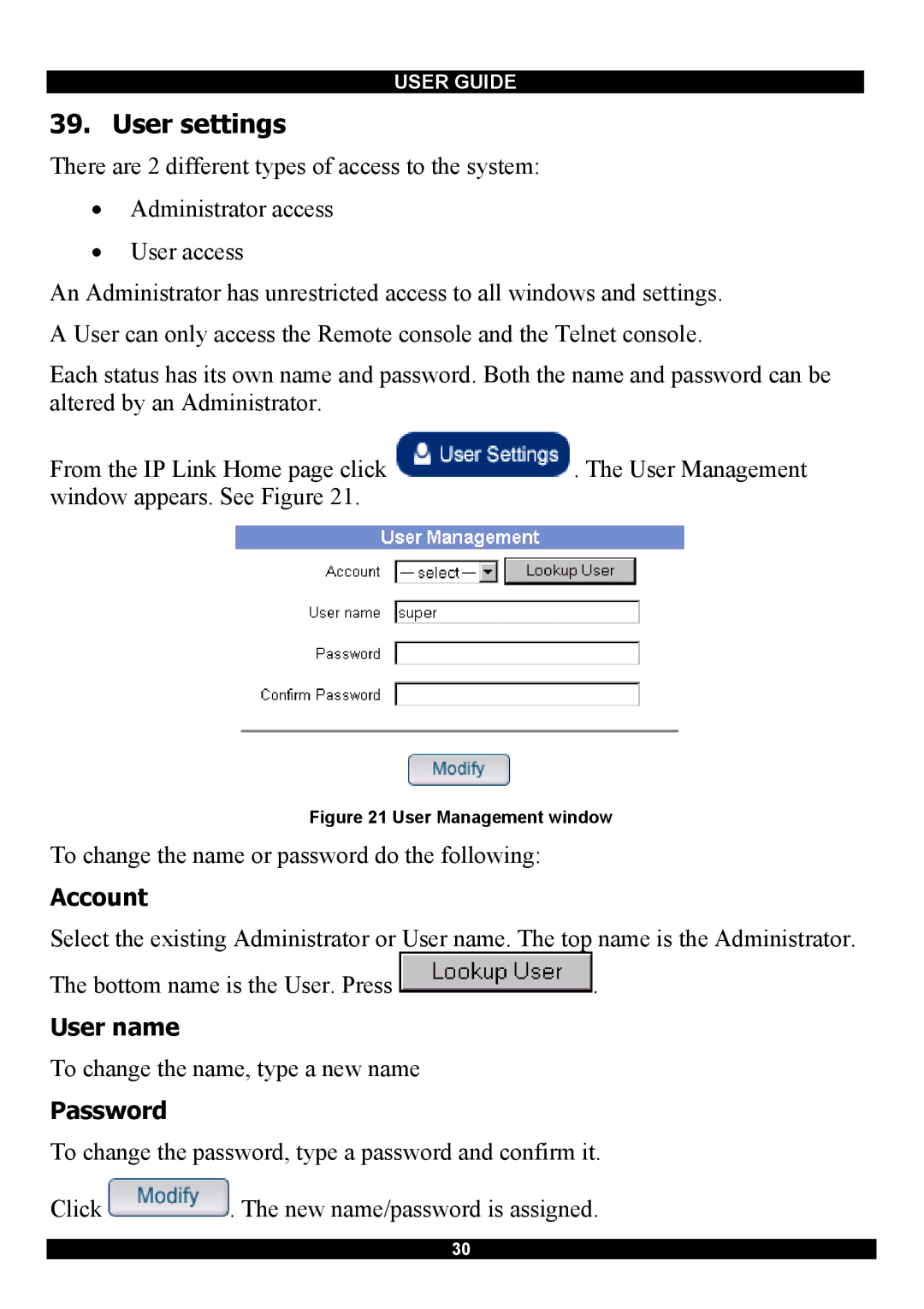 Minicom Advanced Systems RJ-45 manual User settings, Account, User name, Password 