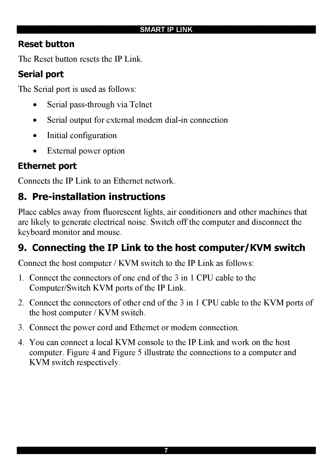 Minicom Advanced Systems RJ-45 manual Pre-installation instructions, Connecting the IP Link to the host computer/KVM switch 