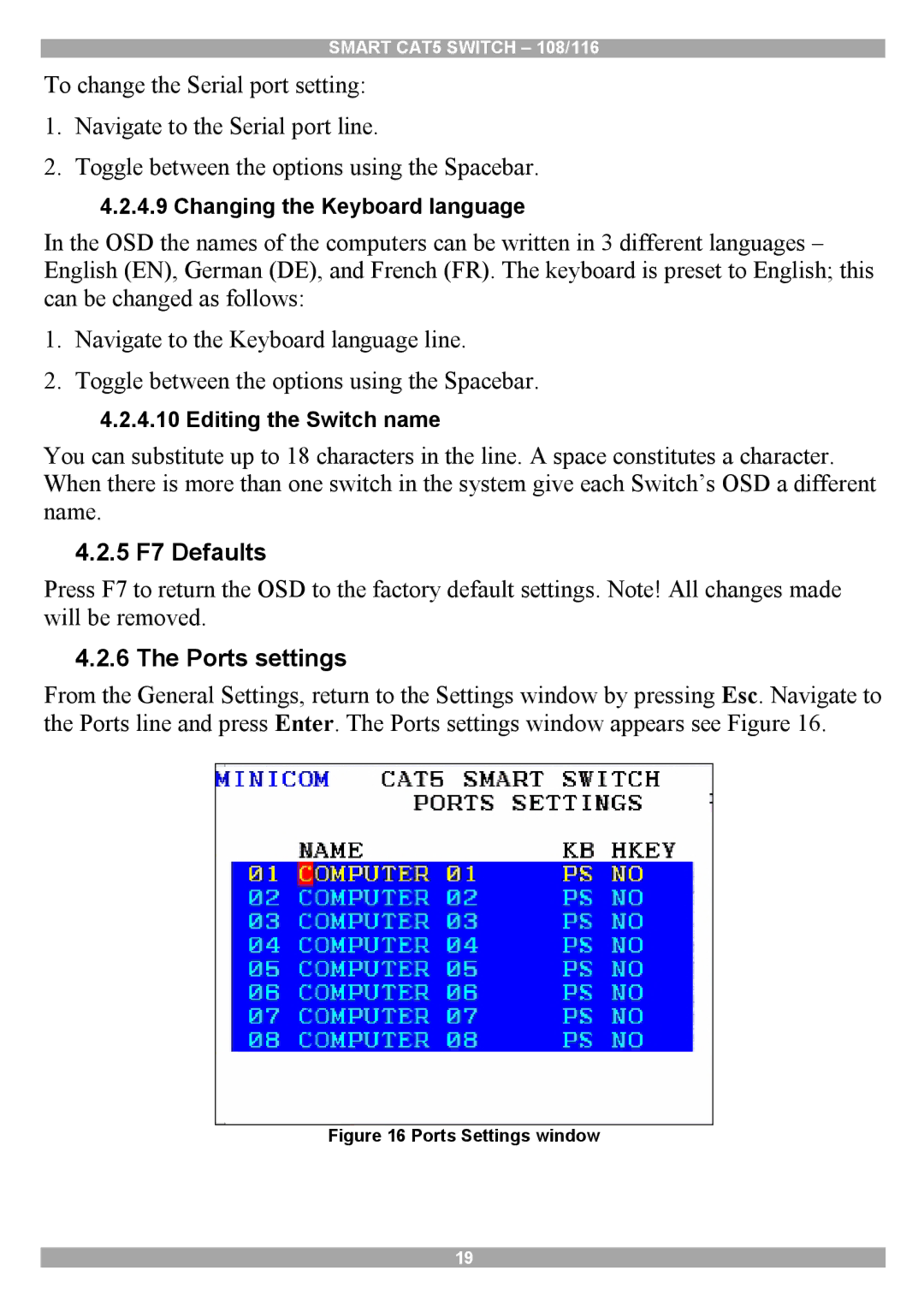 Minicom Advanced Systems Smart CAT5 manual 5 F7 Defaults, Ports settings 