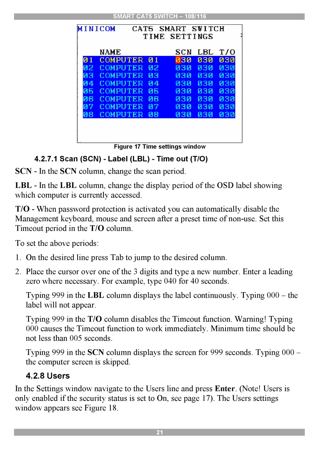 Minicom Advanced Systems Smart CAT5 manual Users, Time settings window 