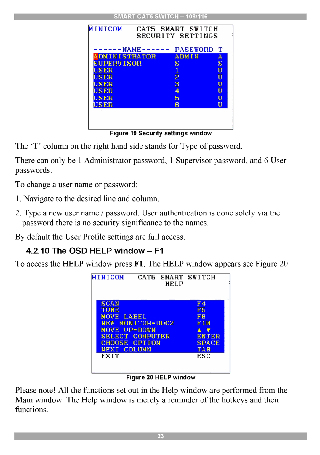 Minicom Advanced Systems Smart CAT5 manual OSD Help window F1, Security settings window 