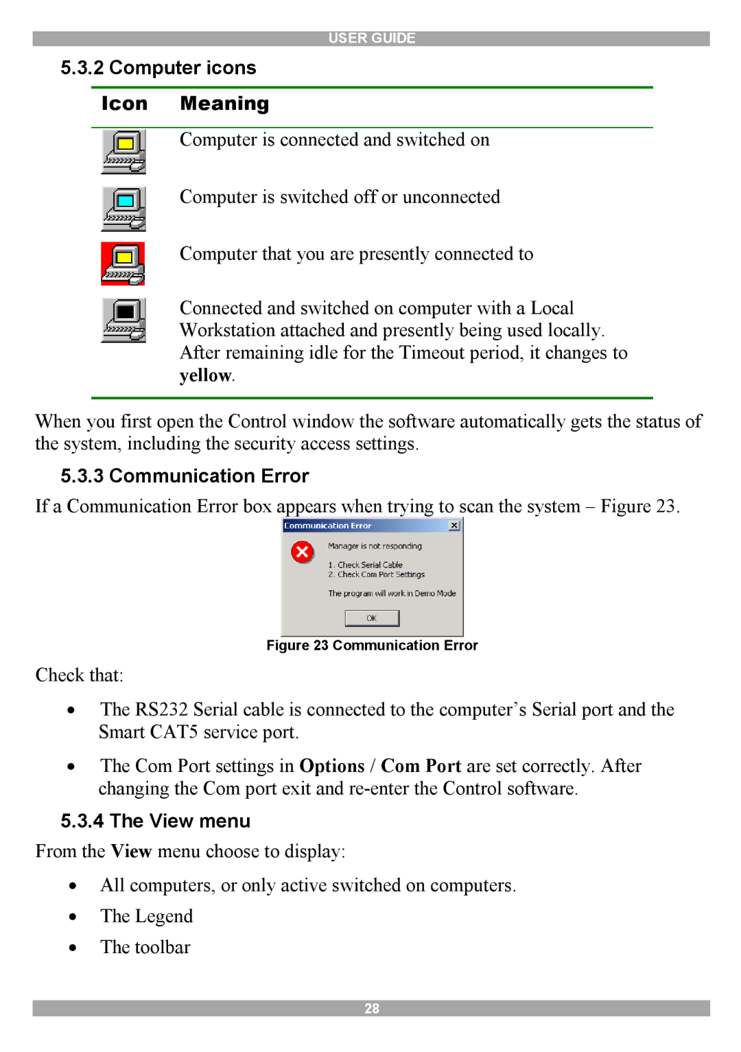 Minicom Advanced Systems Smart CAT5 manual Computer icons Icon Meaning, Communication Error, View menu 