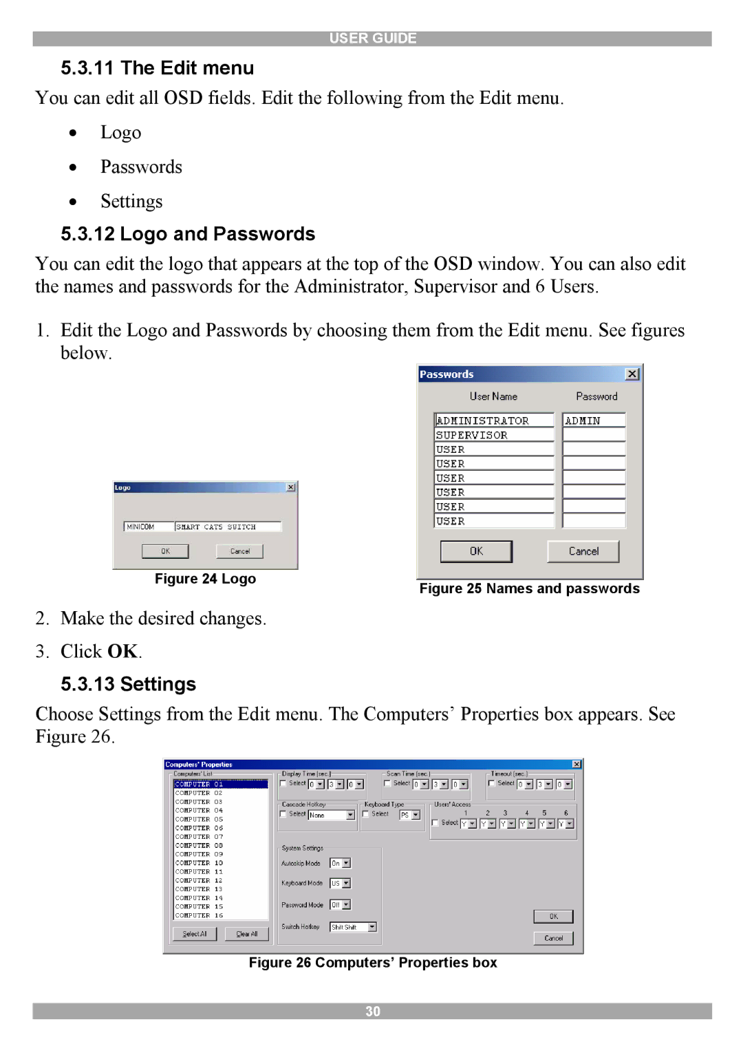 Minicom Advanced Systems Smart CAT5 manual Edit menu, Logo and Passwords, Settings 