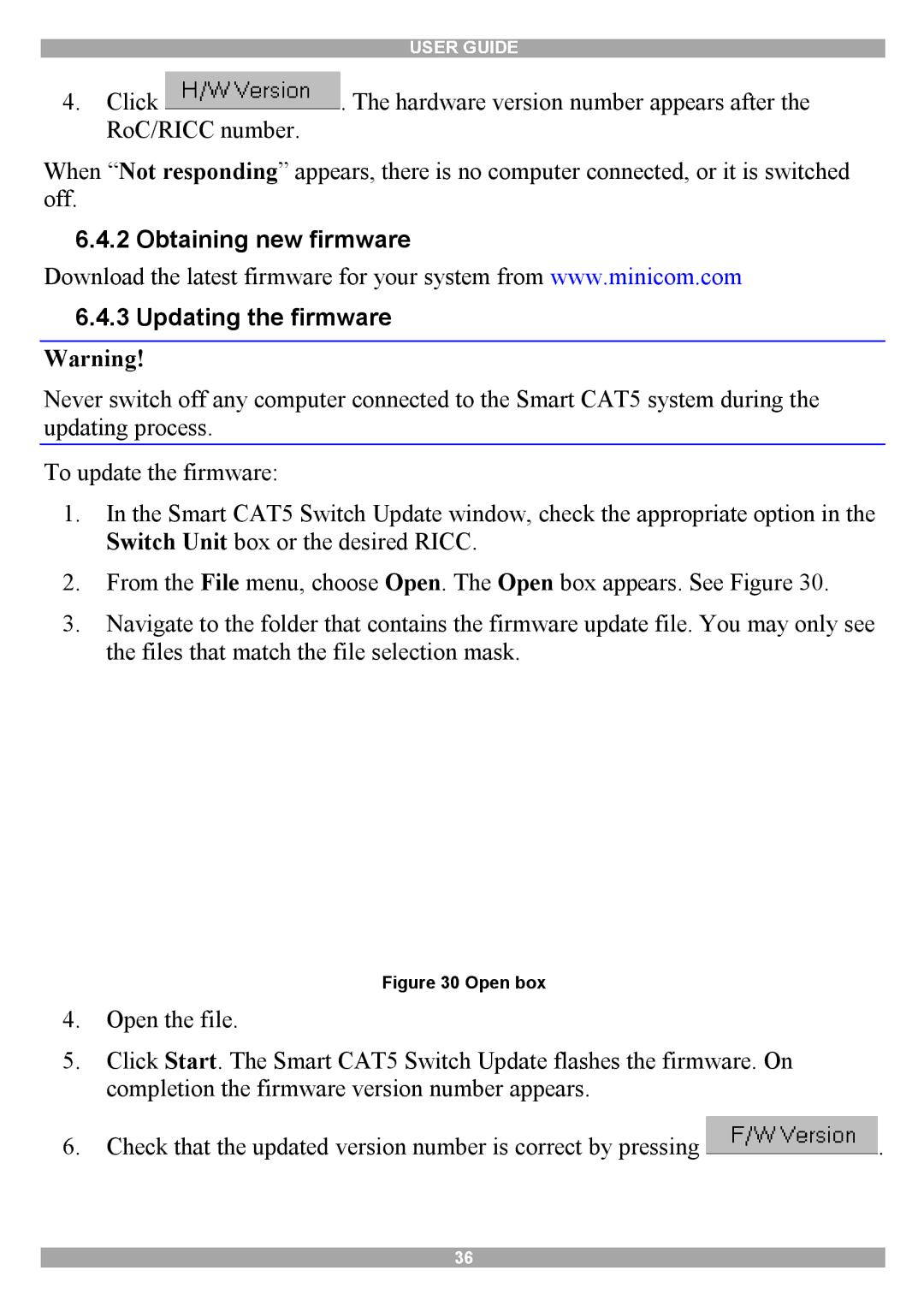 Minicom Advanced Systems Smart CAT5 manual Obtaining new firmware Updating the firmware, Open box 