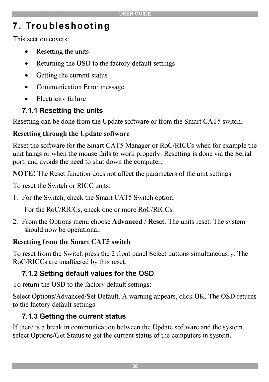 Minicom Advanced Systems Smart CAT5 manual Troubleshooting, Resetting the units, Setting default values for the OSD 