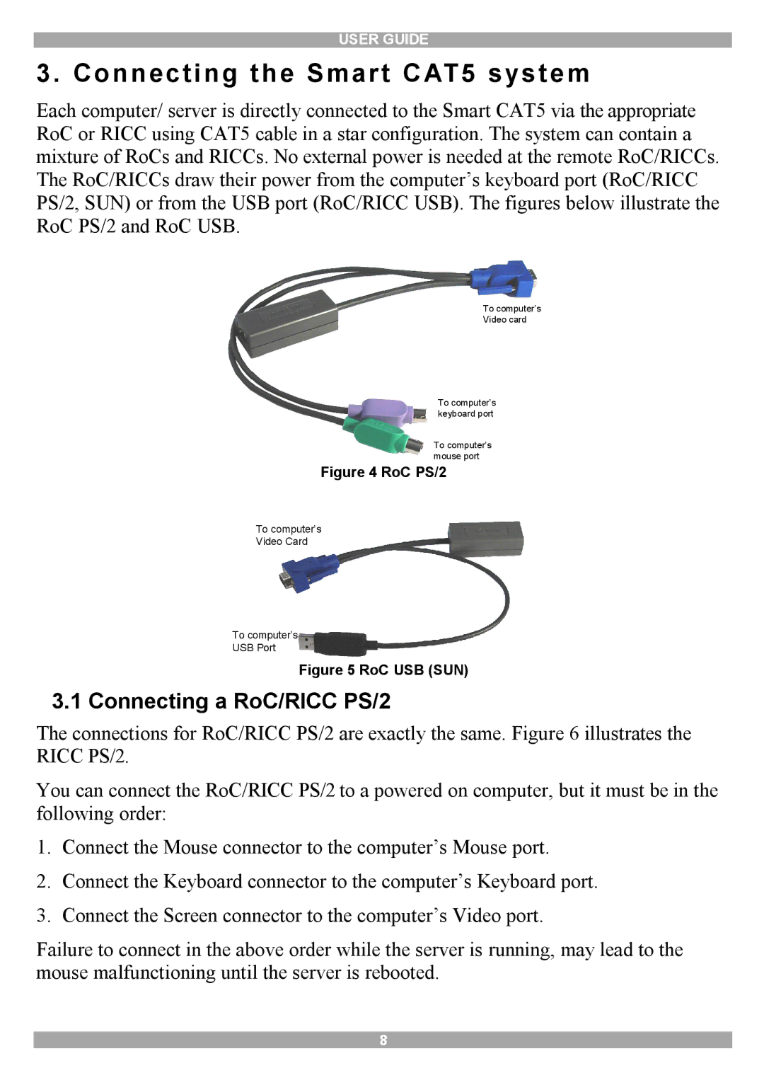 Minicom Advanced Systems manual Connecting the Smart CAT5 system, Connecting a RoC/RICC PS/2 