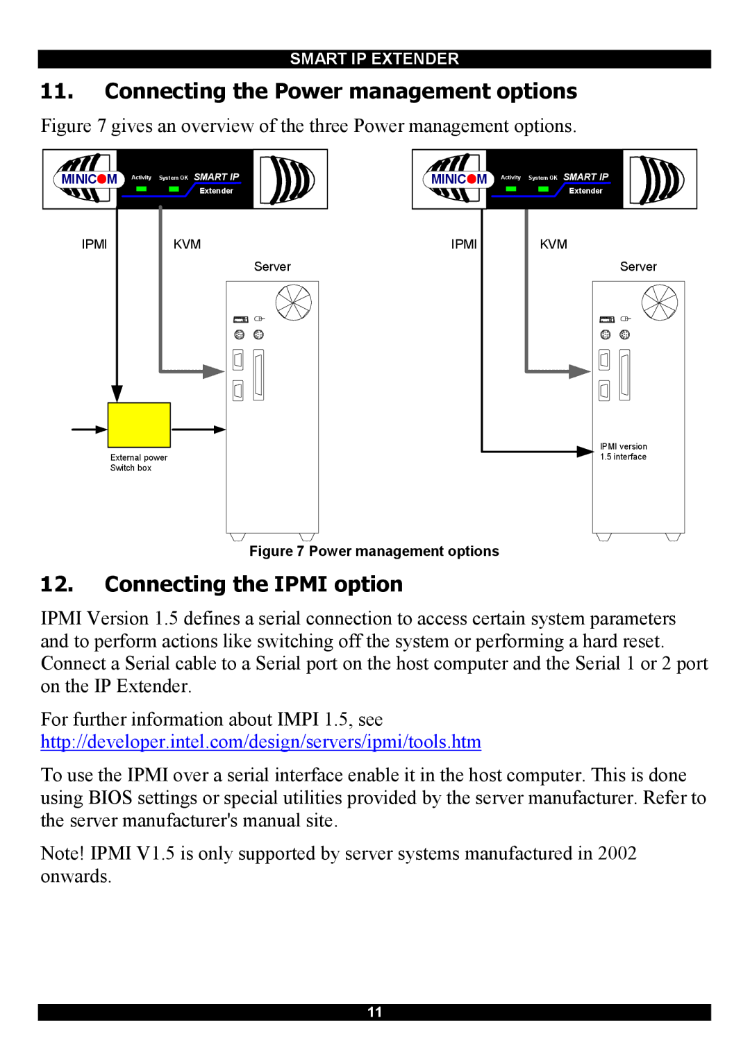 Minicom Advanced Systems Smart IP Extender manual Connecting the Power management options, Connecting the Ipmi option 