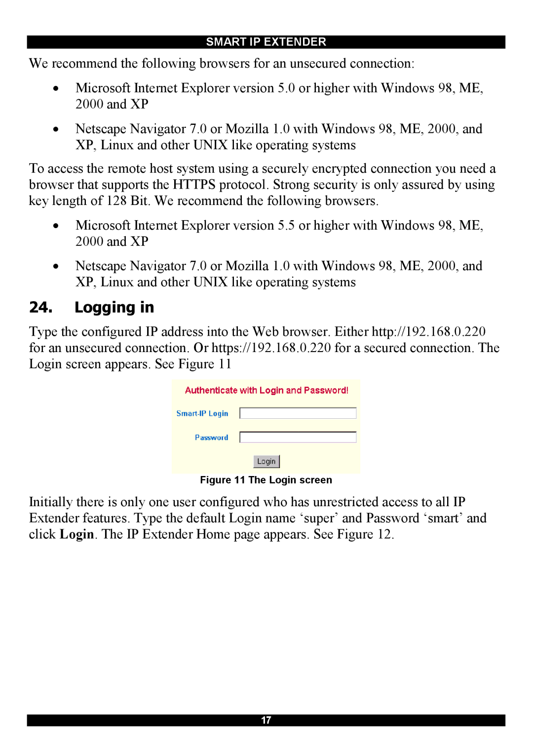 Minicom Advanced Systems Smart IP Extender manual Logging, Login screen 