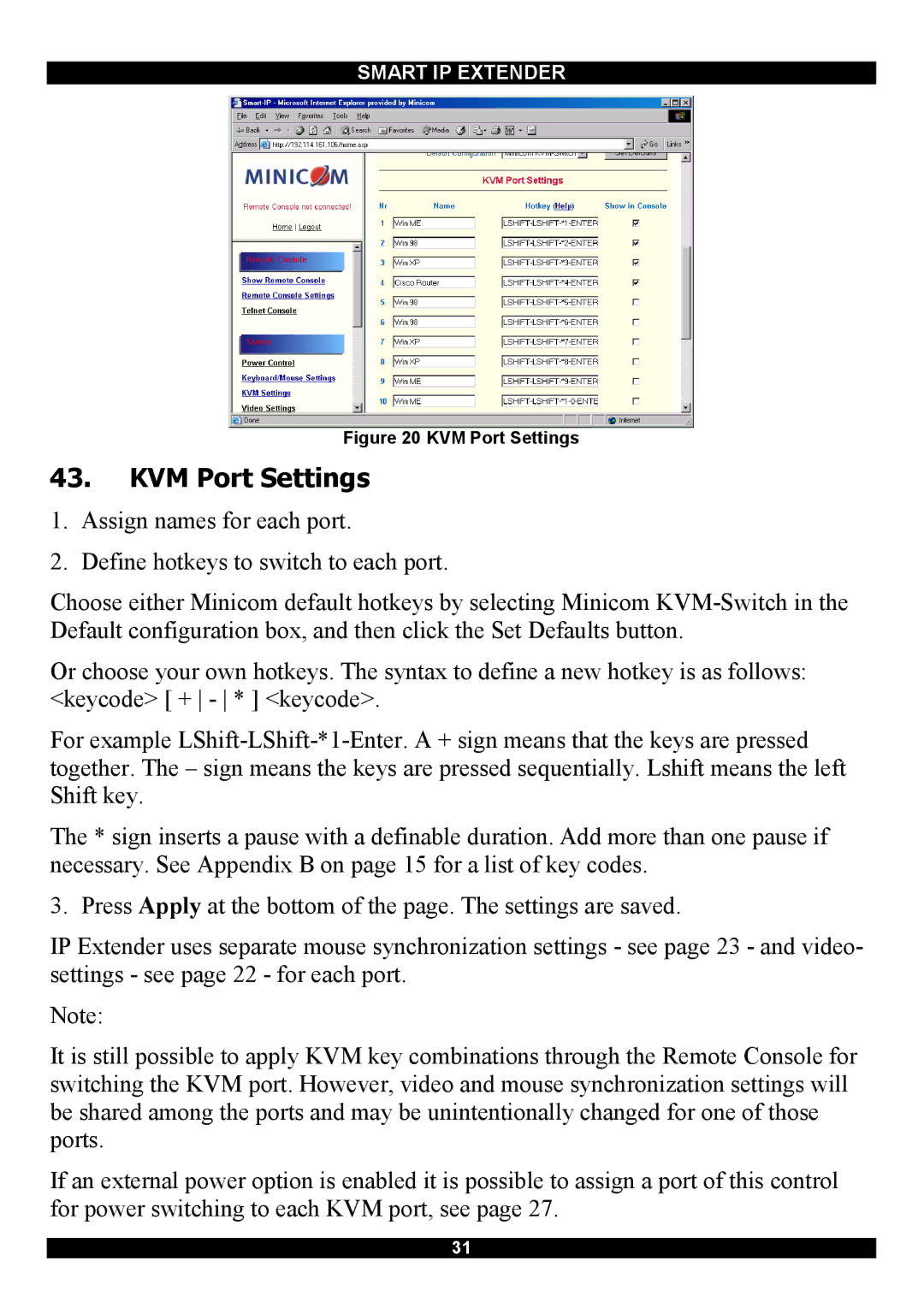 Minicom Advanced Systems Smart IP Extender manual KVM Port Settings 