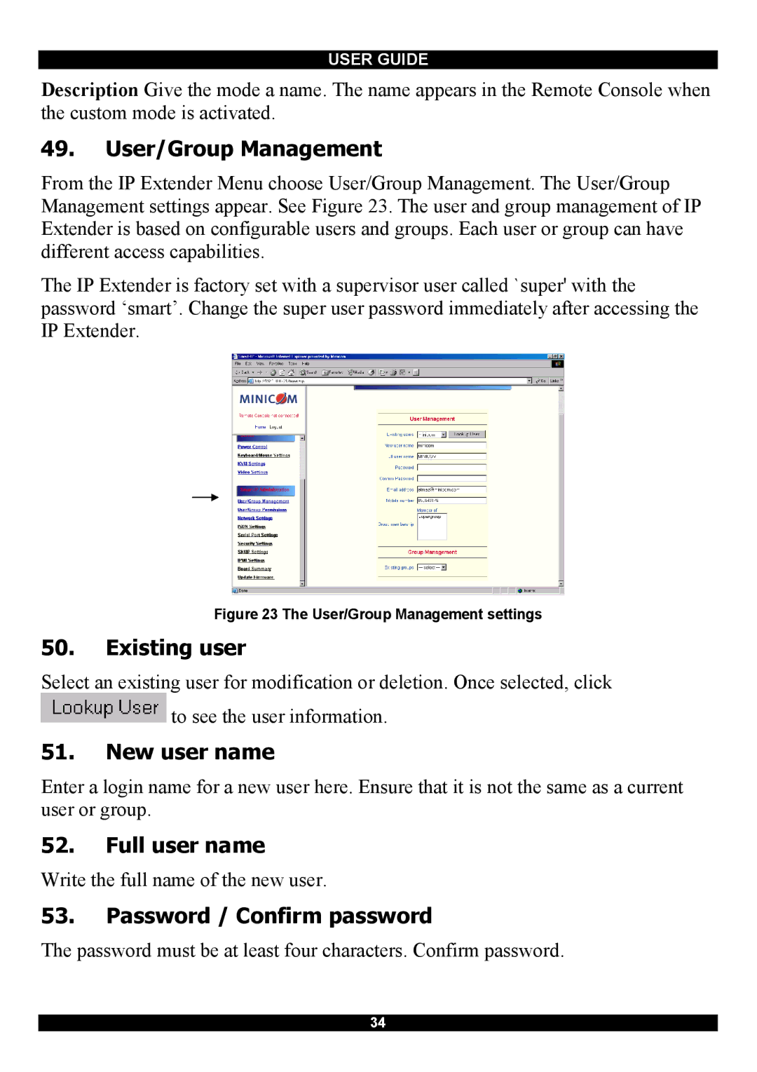 Minicom Advanced Systems Smart IP Extender manual User/Group Management, Existing user, New user name, Full user name 