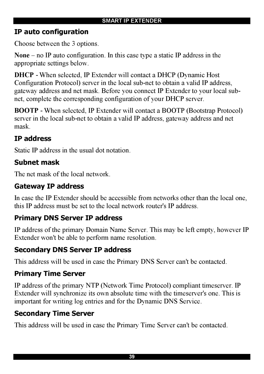 Minicom Advanced Systems Smart IP Extender IP auto configuration, Subnet mask, Gateway IP address, Primary Time Server 