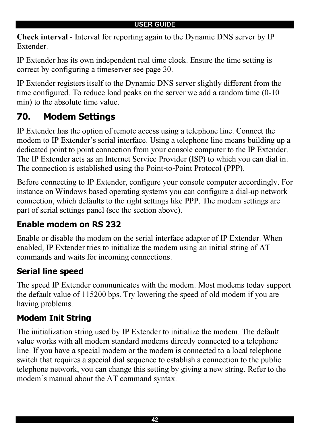 Minicom Advanced Systems Smart IP Extender manual Modem Settings, Enable modem on RS, Serial line speed, Modem Init String 