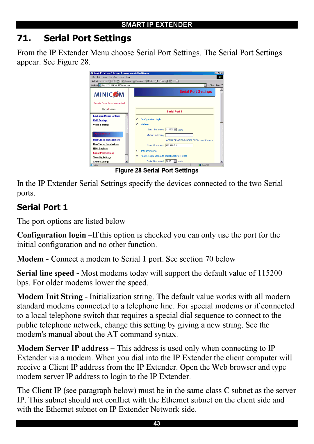 Minicom Advanced Systems Smart IP Extender manual Serial Port Settings 