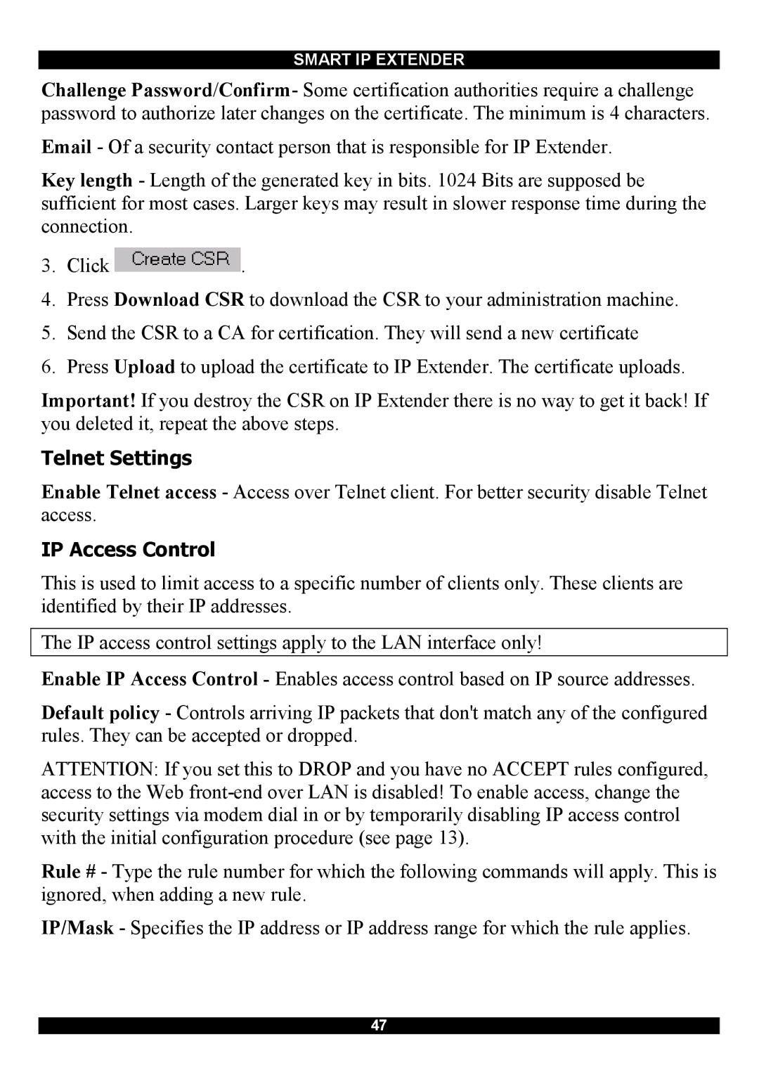 Minicom Advanced Systems Smart IP Extender manual Telnet Settings, IP Access Control 