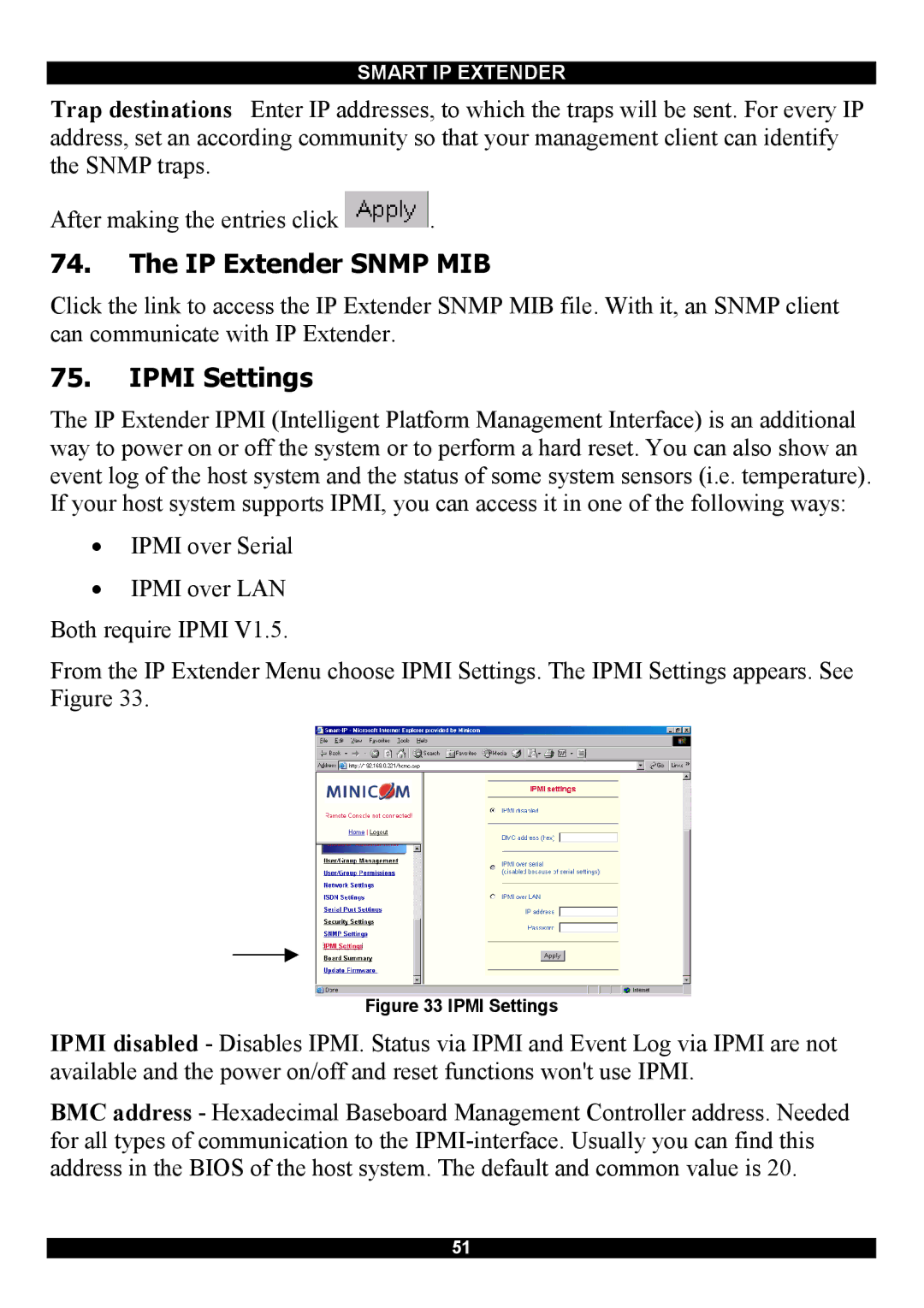 Minicom Advanced Systems Smart IP Extender manual IP Extender Snmp MIB, Ipmi Settings 