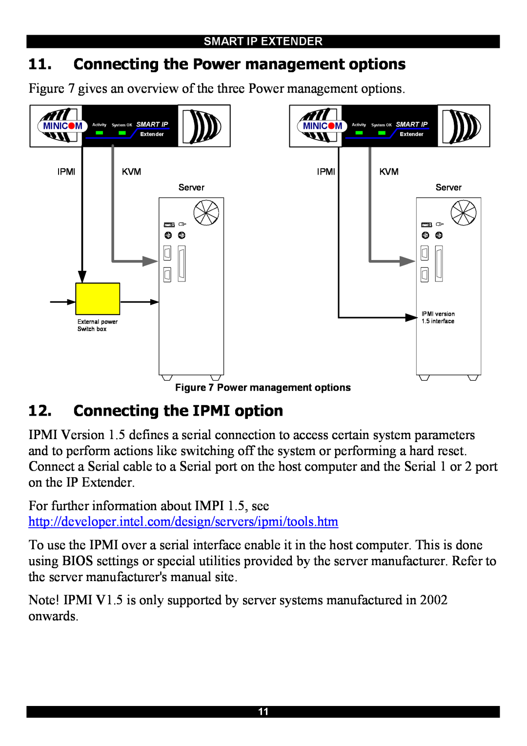 Minicom Advanced Systems Smart IP Extender manual Connecting the Power management options, Connecting the IPMI option 