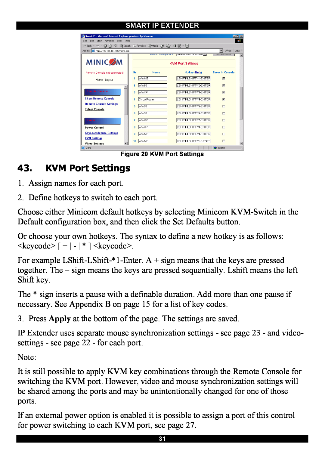 Minicom Advanced Systems Smart IP Extender manual KVM Port Settings 