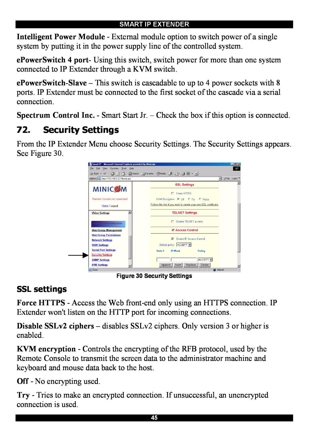 Minicom Advanced Systems Smart IP Extender manual Security Settings, SSL settings 