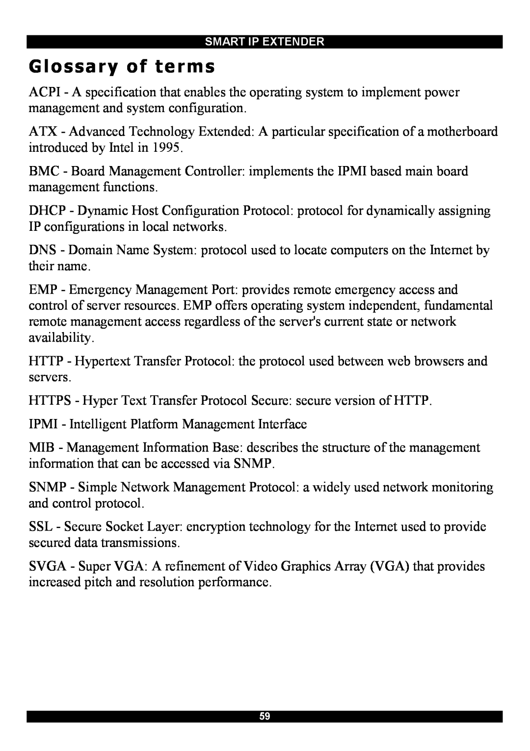 Minicom Advanced Systems Smart IP Extender manual Glossary of terms 