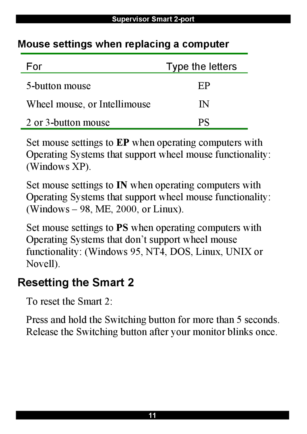 Minicom Advanced Systems Switches manual Resetting the Smart, Mouse settings when replacing a computer 