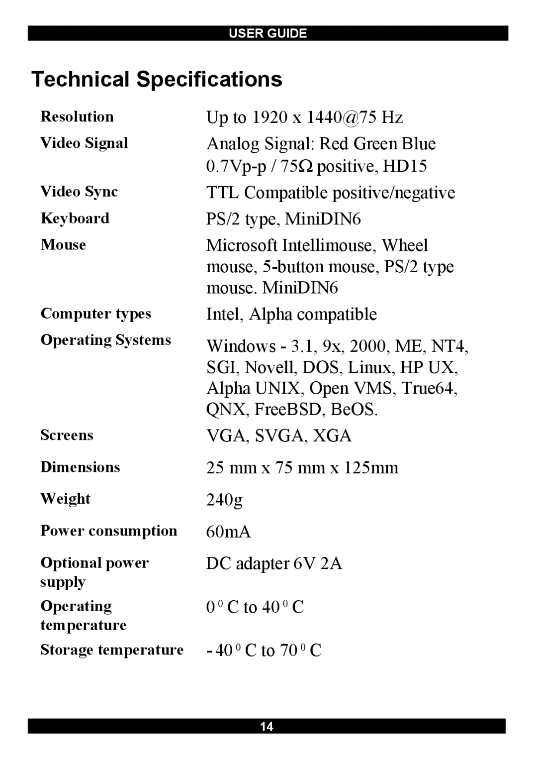 Minicom Advanced Systems Switches manual Technical Specifications, Vga, Svga, Xga 