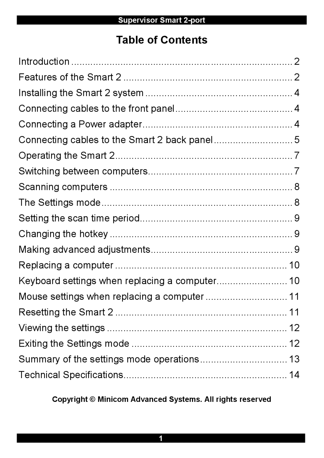 Minicom Advanced Systems Switches manual Table of Contents 