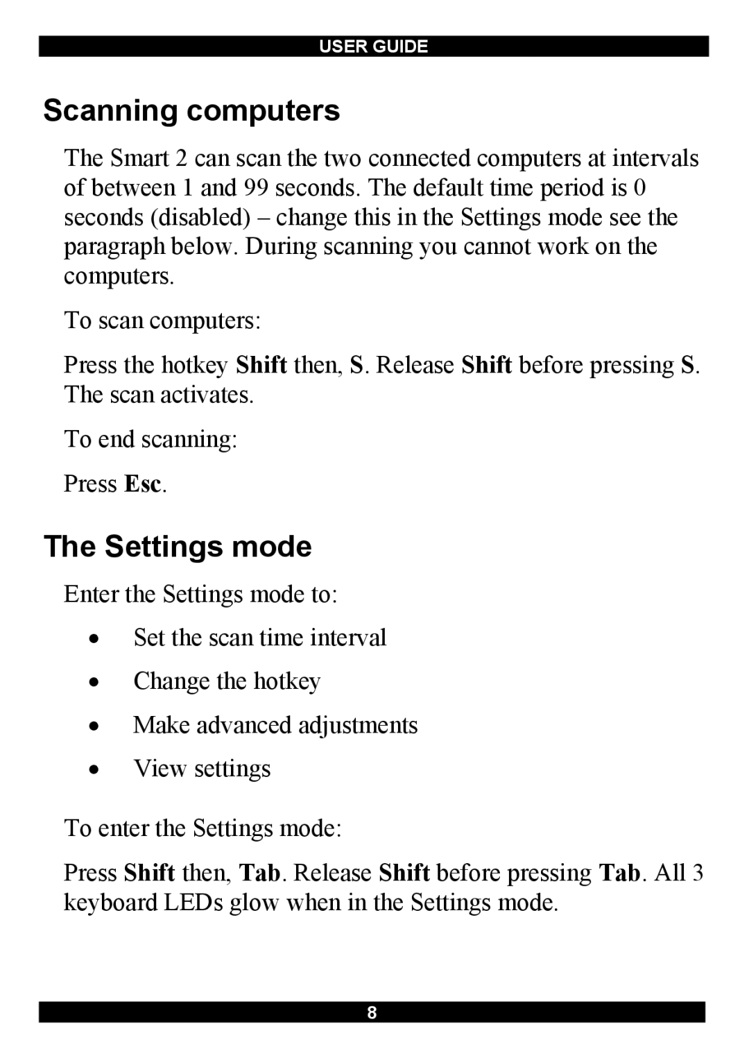 Minicom Advanced Systems Switches manual Scanning computers, Settings mode 