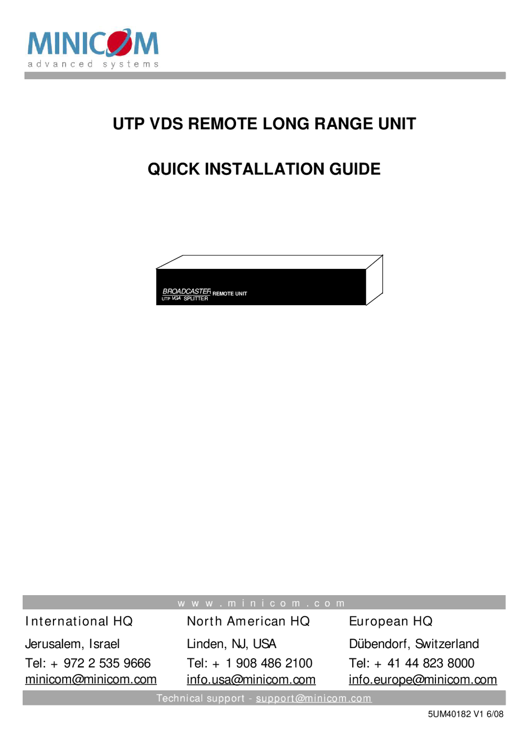 Minicom Advanced Systems manual UTP VDS Remote Long Range Unit Quick Installation Guide 