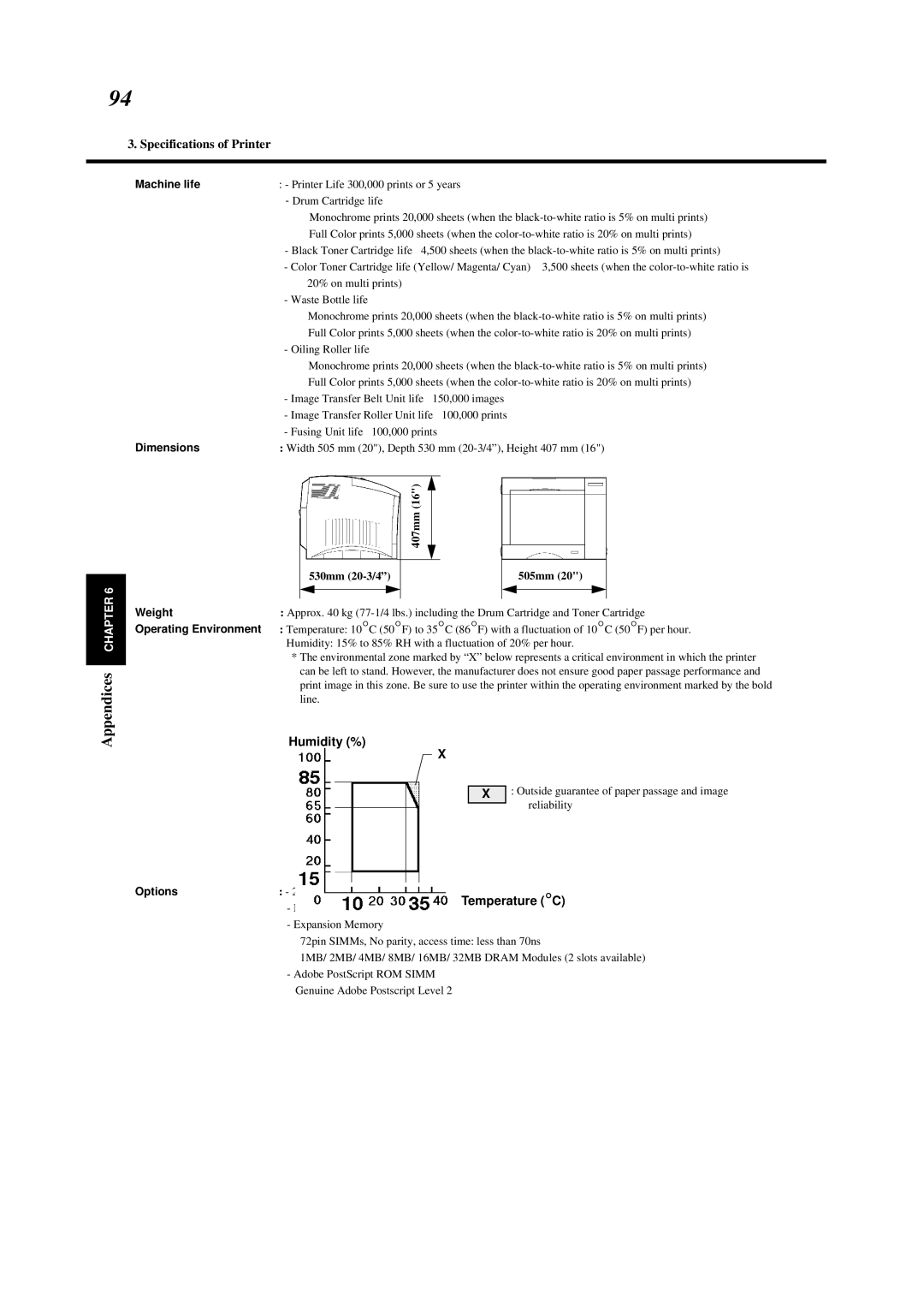 Minolta 0990-7701-02 user manual Machine life, Dimensions, Weight, Options, Temperature C 