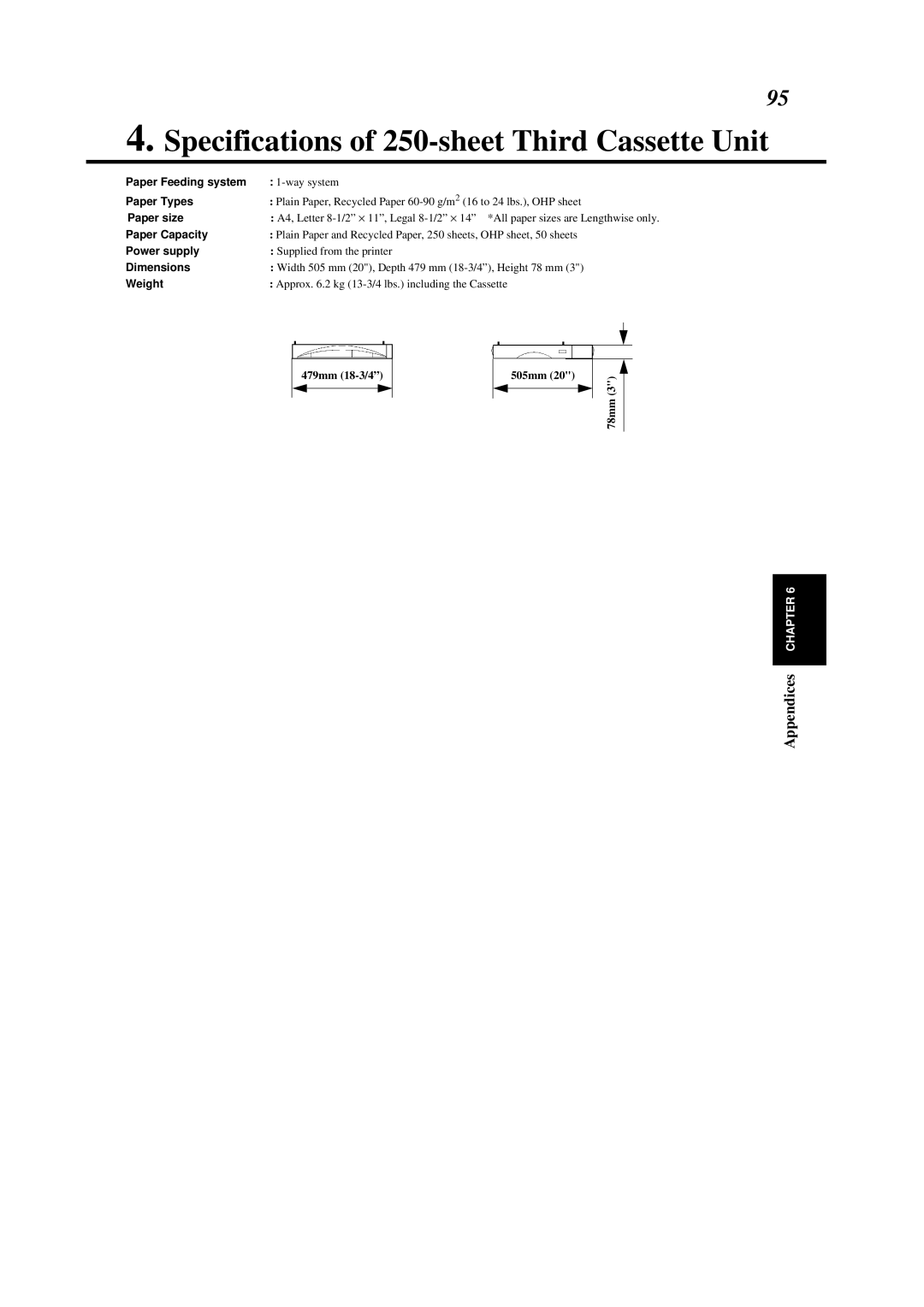 Minolta 0990-7701-02 user manual Specifications of 250-sheet Third Cassette Unit, Paper Capacity 