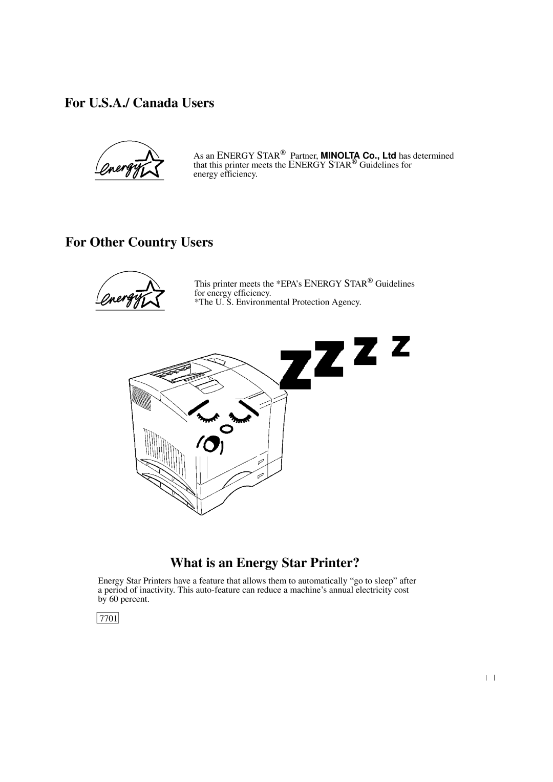 Minolta 0990-7701-02 user manual For U.S.A./ Canada Users 